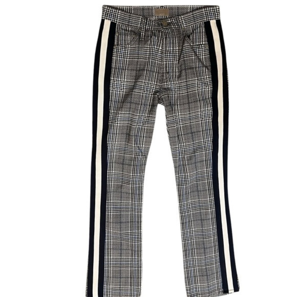 MOTHER The Insider Ankle Glen Plaid Pants w/ Racer Stripes, Black/Blue/White